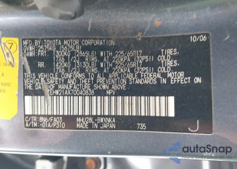 2007 Toyota Highlander Hybrid V6 z USA, uszkodzony, nr VIN JTEHW21AX70040838